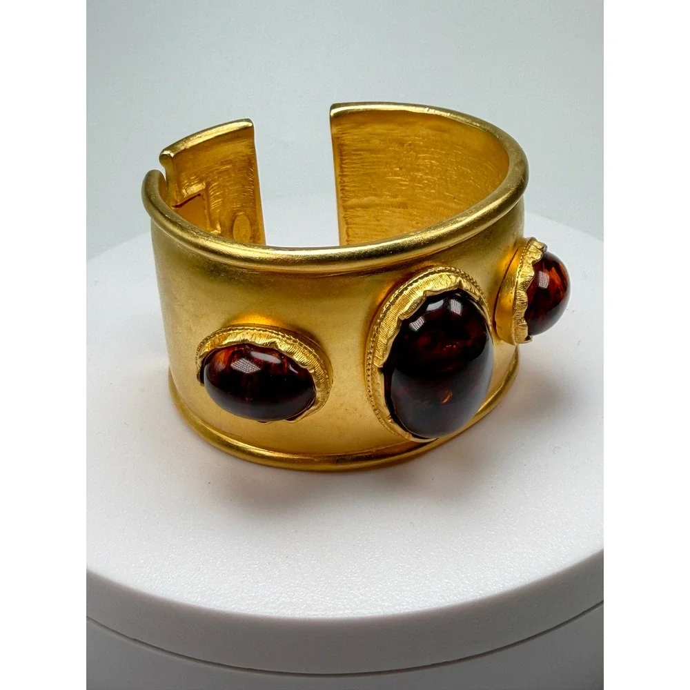 Vintage KJL Kenneth Jay Lane Wide Gold Tone Cuff Bracelet Amber Cabochon #1205